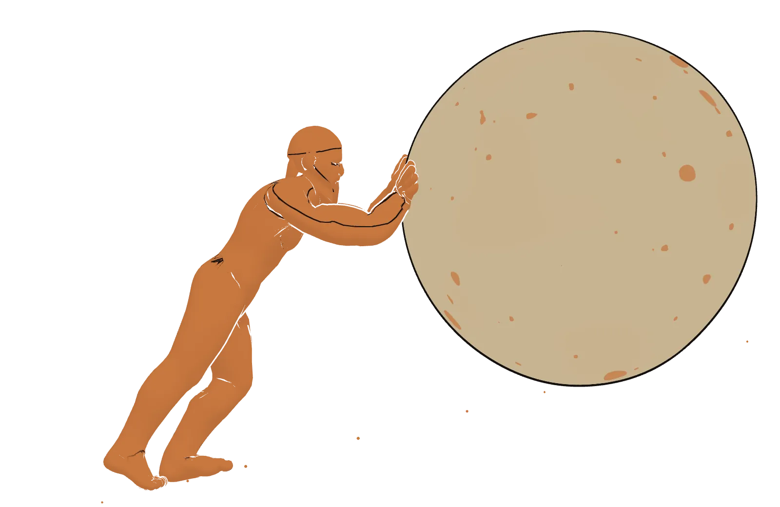 A black-figure silhouette pushing a white boulder along the frieze of a Greek vase.