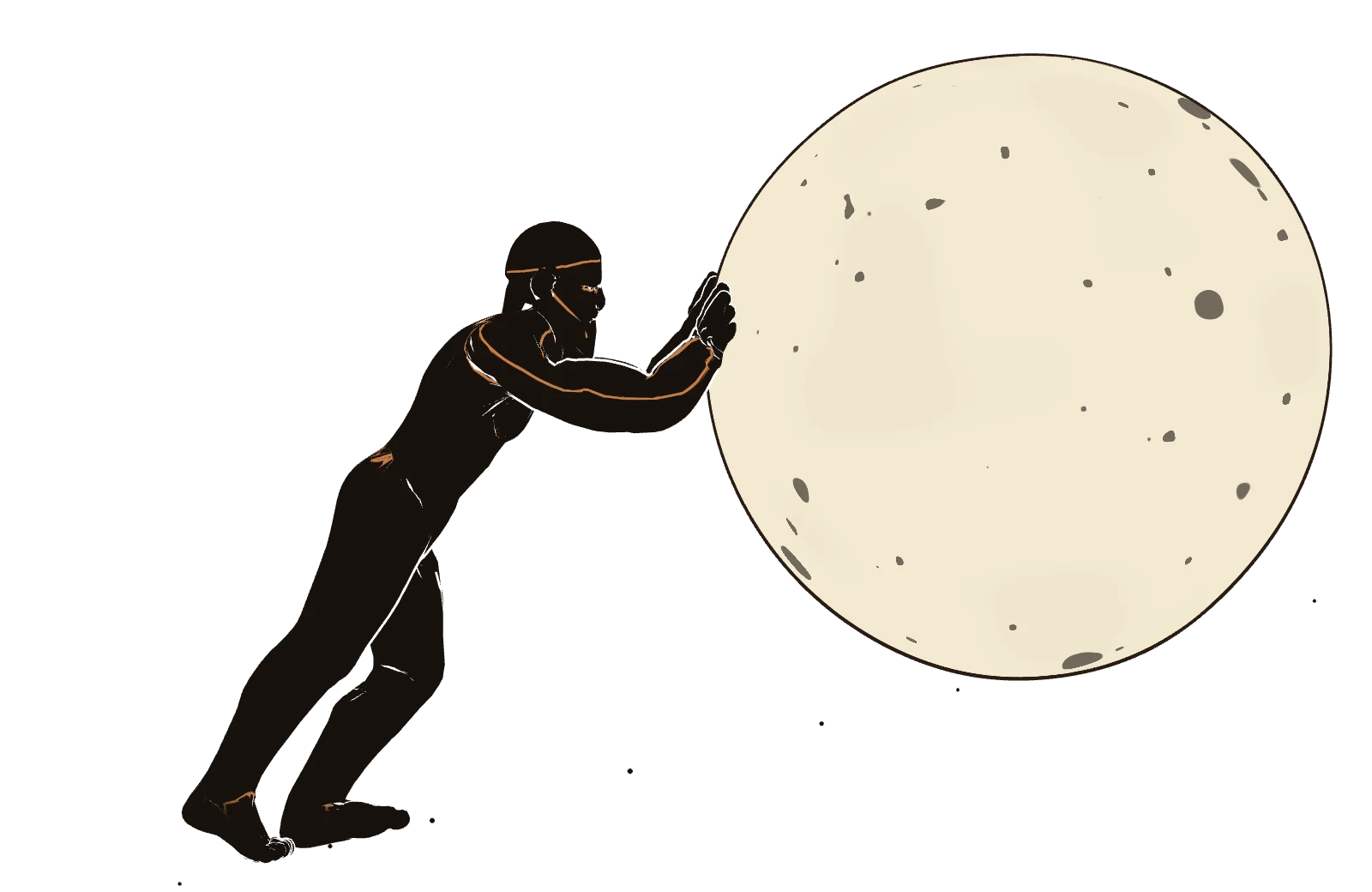 A black-figure silhouette pushing a white boulder along the frieze of a Greek vase.