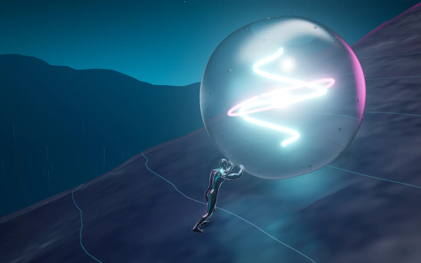 A figure pushing a huge boulder up a mountain slope at night, lit by neon.